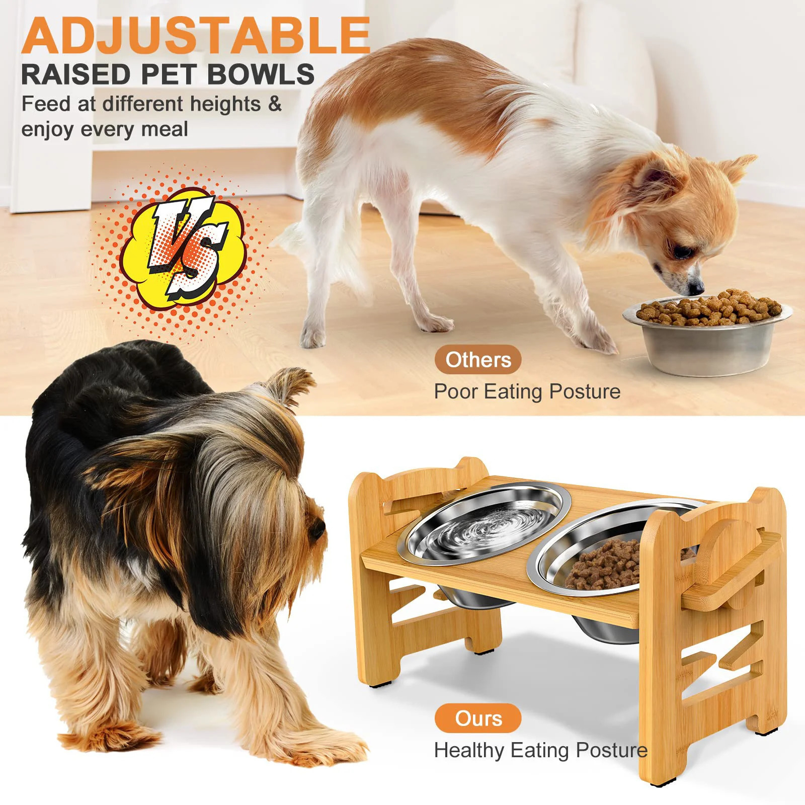 Stainless steel dog bowl with bamboo frame adjustable tilt lift for puppies cats food bowl and pet feeder accessories 250414