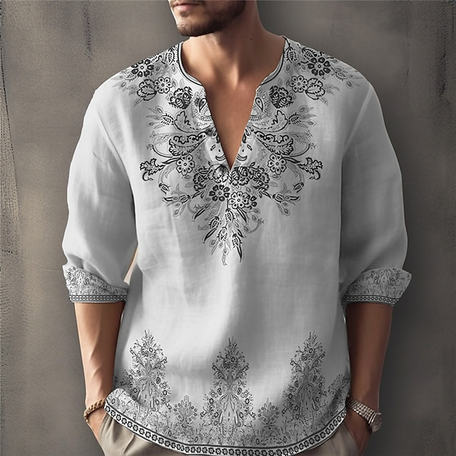 2025 Men's New Mid Sleeve Autumn Loose Ethnic Style Printed Casual T-shirt with Large V-neck
