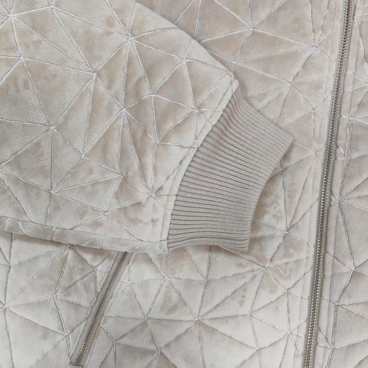 Men's Beige Velvet Baseball Jersey Zipper Jacket Loose Fit with Ribbed collar cuffs and hem for Casual Street Skate Style