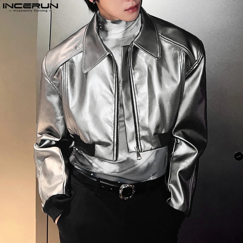 INCERUN Men Long Sleeve Solid Color Coats PU Leather Short Jackets Handsome Simple Lapel Collar Waistcoats Zipper Loose Tops 250409