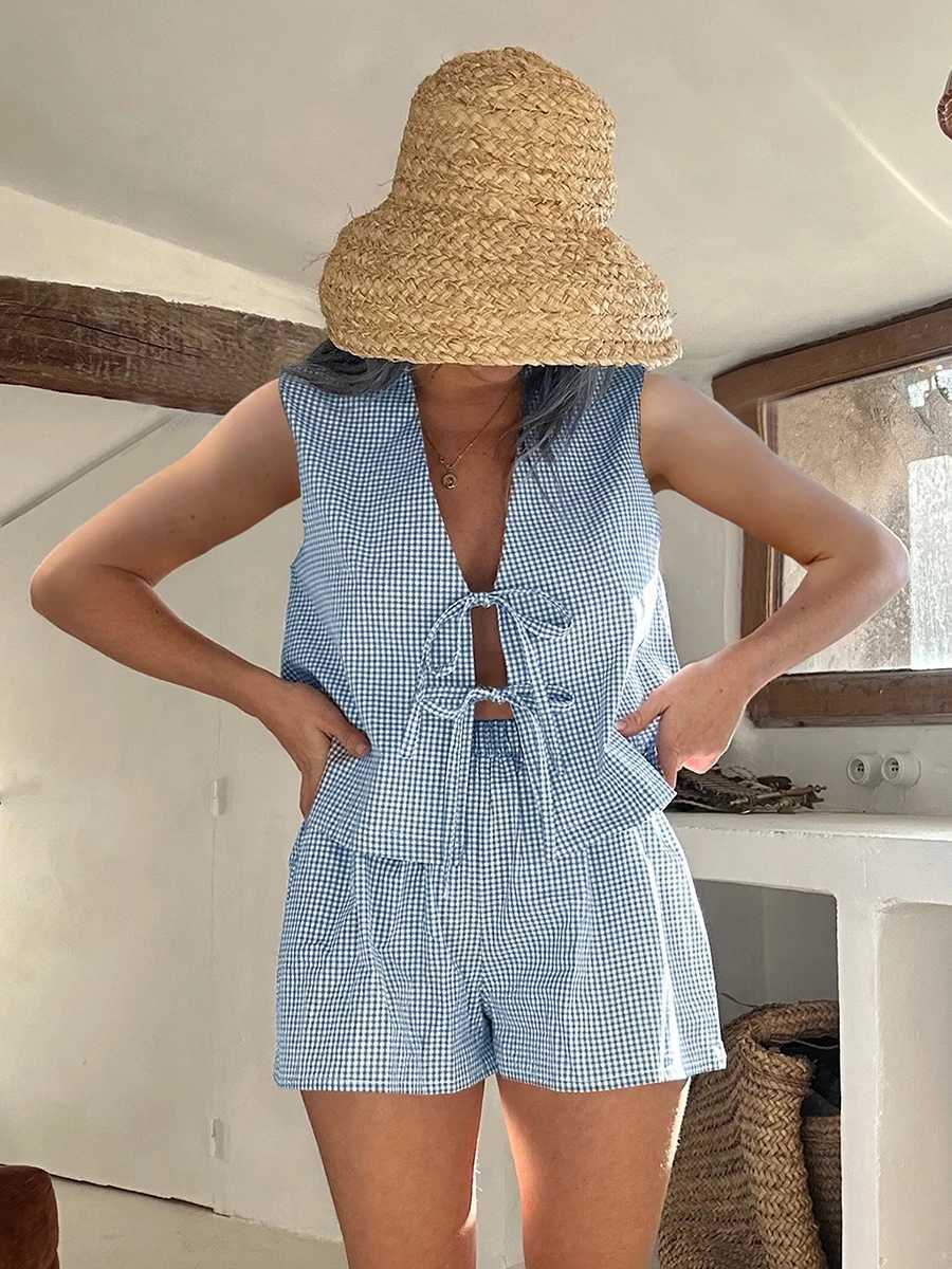 Womens 2-piece shorts set plain weave lace V-neck strapless vest elastic waistband shorts casual wearXJ250414