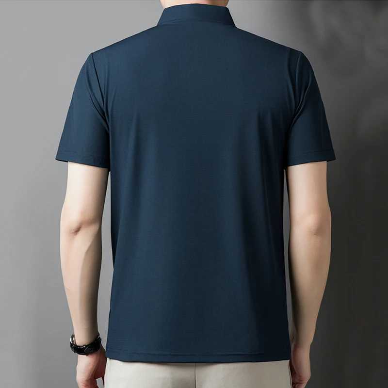 Summer silk short sleeved polo shirt mens solid patch work collar button pocket fashionable and simple casual button W250414