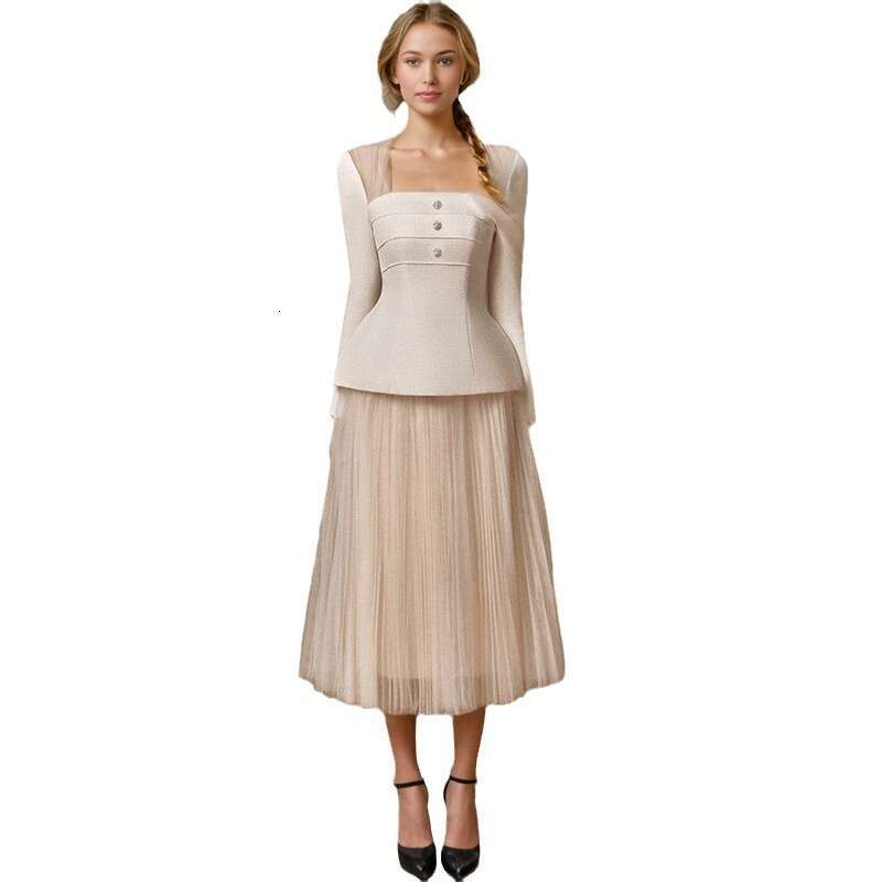 Designer Chic Ladies' Two-Piece Outfit - Modern Tailored Top + Delicate Lace Mesh A-Line Skirt