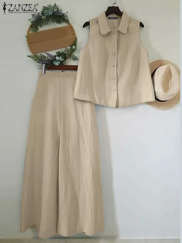 2025 ZANZEA Summer Cashless Shirt Wide Leg Pants Set Ele OL Matching Set 2-piece Womens Dress Casual Loose Mens SetXJ250414