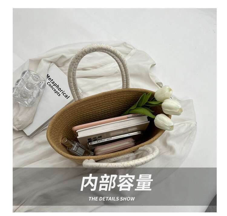 Handmade Beach Bag 2024 New Woven Simplified Retrofit Grass Knitted Handbag Oblique Cross Holiday Cotton Rope Commuter Tote Women's Bag Kq2