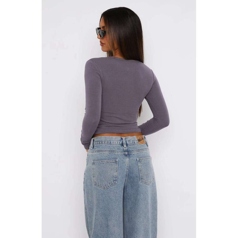 Womens V Neck Button Down Henley T Y2K Slim Fit Long Sleeve Crop Tops Basic Casual Going Out Tee Shirts