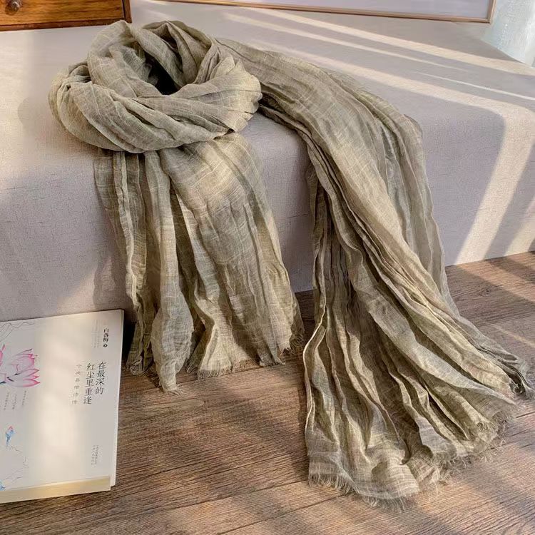 T470 autumn and winter solid color cotton and linen thin scarf silk scarf retro couple shawl literary pleated neck protection men and women warm neck 