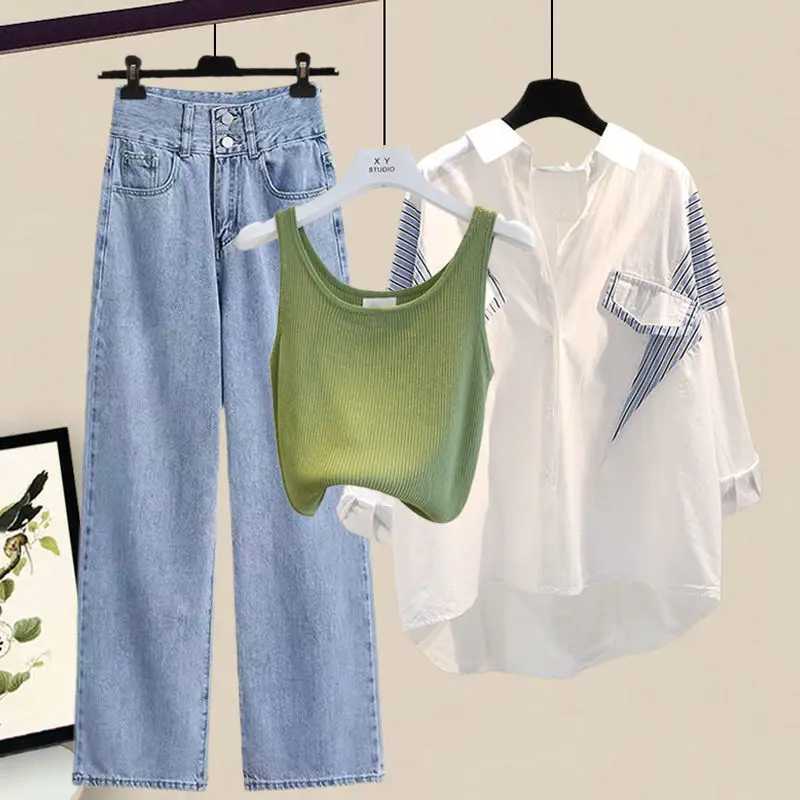 Womens spring and summer new long Sve shirt+vest+jeans 3-piece set Korean Ele open top jeans matching setXJ250414