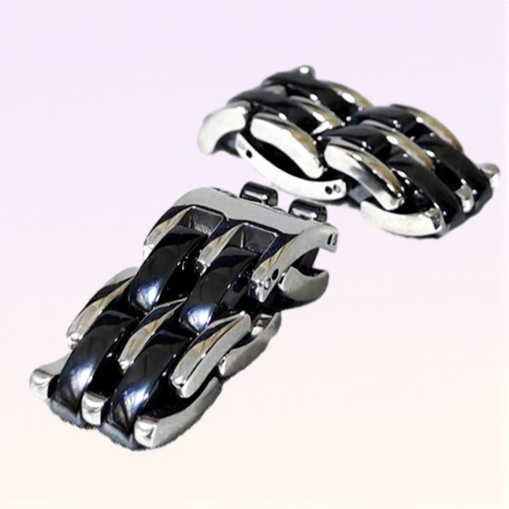 Cluster Rings Top Quality Double Row Black Ceramic Watch Chain Style Ring Stainless Steel Jewelry For Women