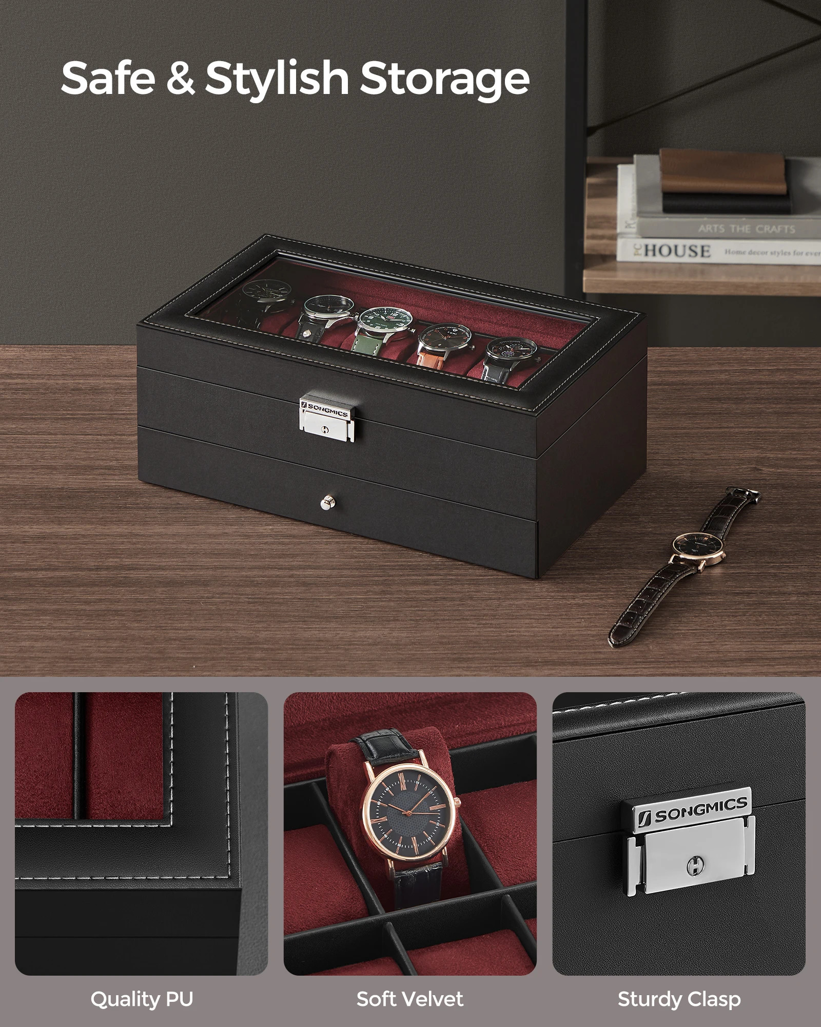 SONGMICS Lockable Watch Box 12-Slot with Glass Lid 2 Layers Watch Case with 1 Drawer for Rings And Bracelets Gift Idea 251110