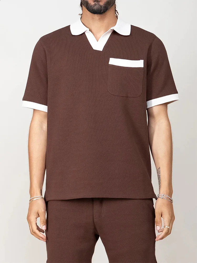 Streetwear Mens Fashion Two Piece Suits Patchwork Lapel Short Sleeve Polo Shirts And Shorts Outfits Men Summer Casual Loose Sets 250409