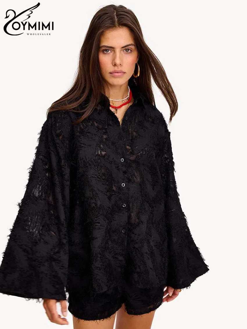 Oymimi Ele Yellow Feather Womens 2-piece Fashion Long Sve Button Shirt and Drstring Shorts SetXJ250414