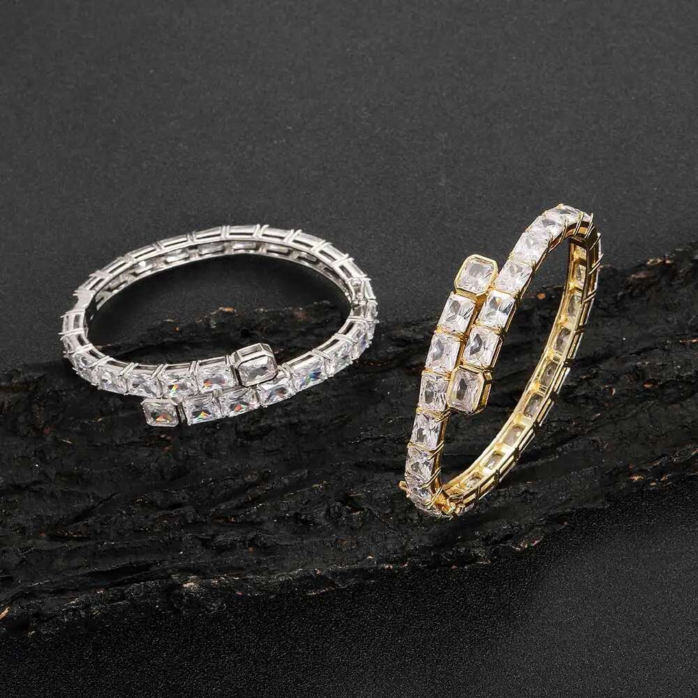 EESKEEM Rectangle Zircon Diamond Bracelet for Unisex Luxury Iced out Crystal Bangle for Women Hip Hop Jewelry