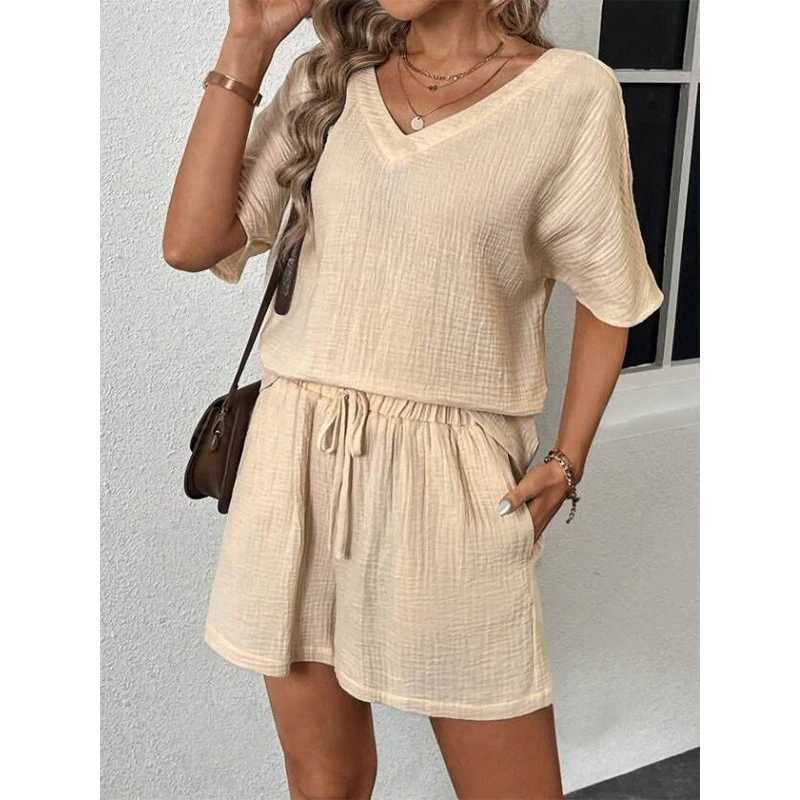 Slin 100% Cotton Ele Womens Set Sexy V-neck Short Sve T-shirt+Womens Wide Leg Shorts SetXJ250414