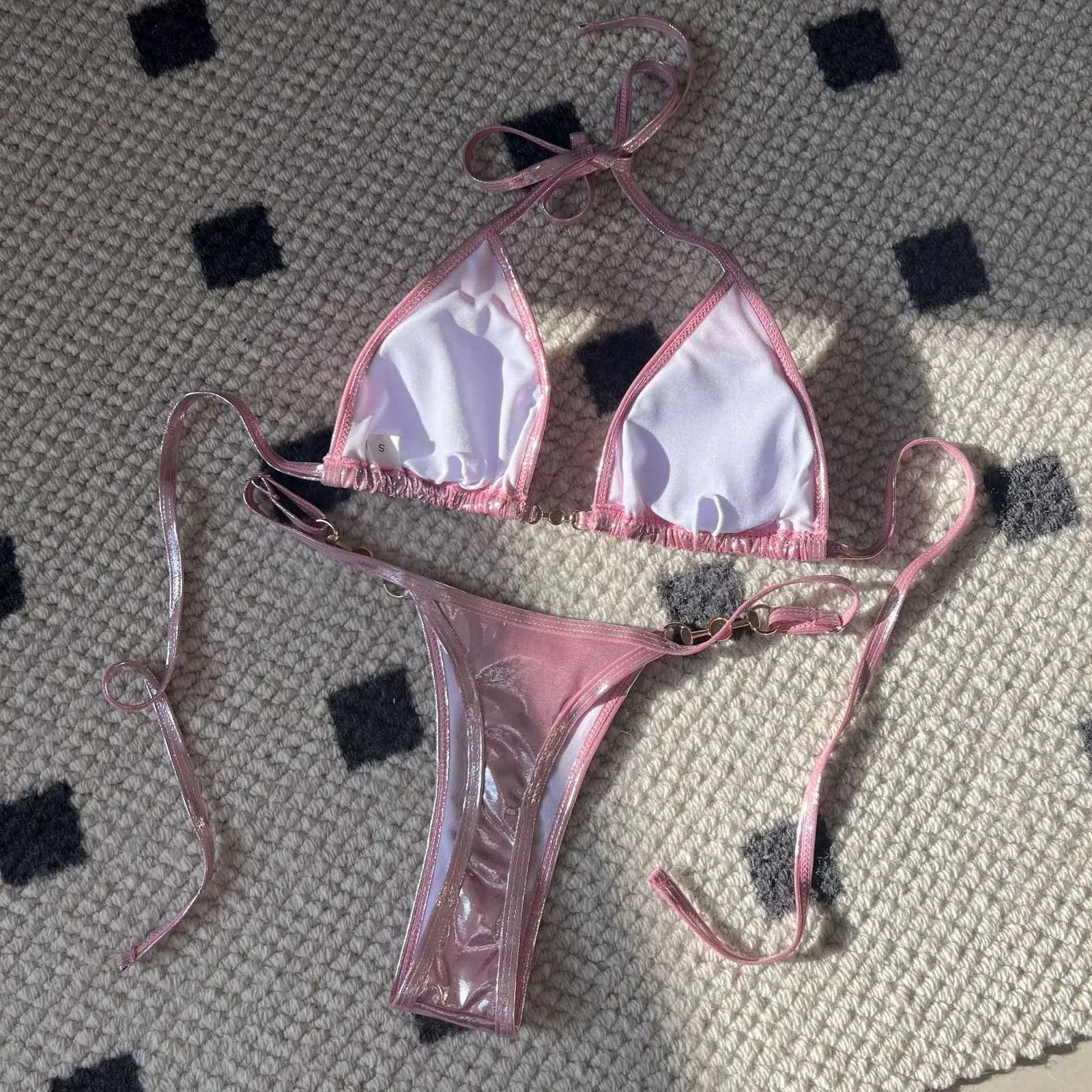 Shiny Pink Micro Bikini Set 2025 Mujer Women Sexy Push Up Thong Swimsuit Summer Bathing Suit Bandage Holiday Swimwear WomenW251113