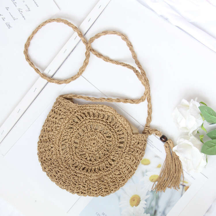 Handmade Beach Bag Handmade Paper Rope Round Tassel Crossbody Handmade Hook Flower Woven Women's Beach Bag, Thailand Kq2