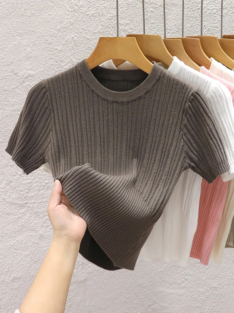 2025 Summer T shirts for Women Casual Female Korean Knit Streetwear Tees Basic Solid Young Cool Tops 250411