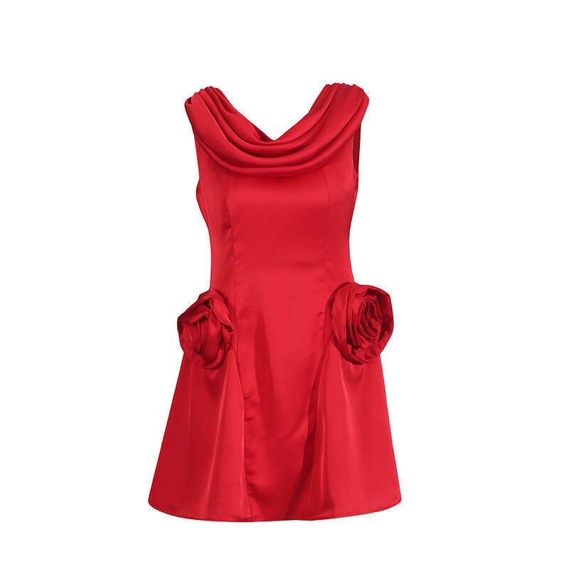 Designer Chic Sleeveless French Skirt with Swing Collar - High Waisted & Three-Dimensional Flowers