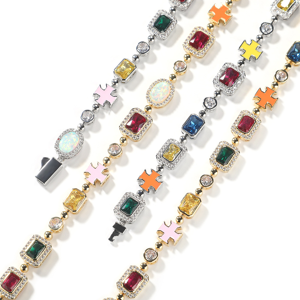 High Quality Hip Hop Colored Gemstone Cross Tennis Chain Necklaces Bracelet Men Women Jewelry