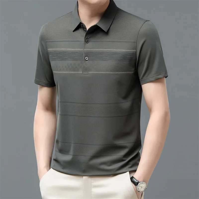 Mens short sleeved summer new striped ice silk lapel T-shirt polo commercial striped button casual top W250414