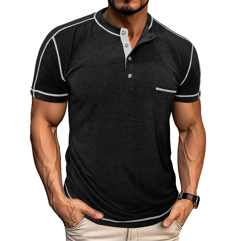 2025 Summer Mens American style Henry collar short sleeved T-shirt Mens color blocked round neck plus size top