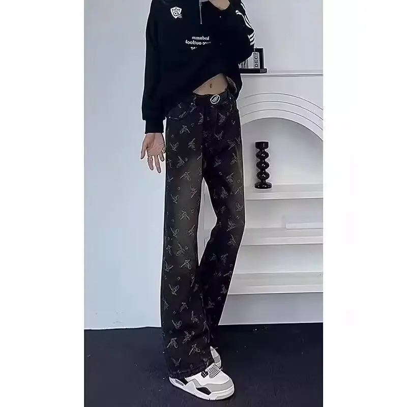 jacquard fully printed street fashion ned denim pants with a tactile feel suitable for mens loose straight and wide leg casual 250414