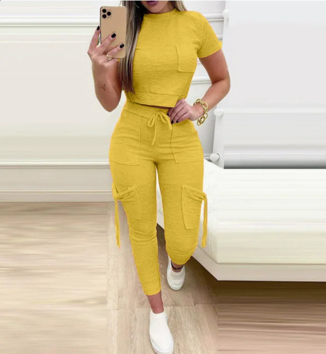 Tight Solid Color Two Piece Set Women Cropped T Shirt Slim Long Pants Pocket Ladies Sets 2025 Spring Summer Sportswear 250414