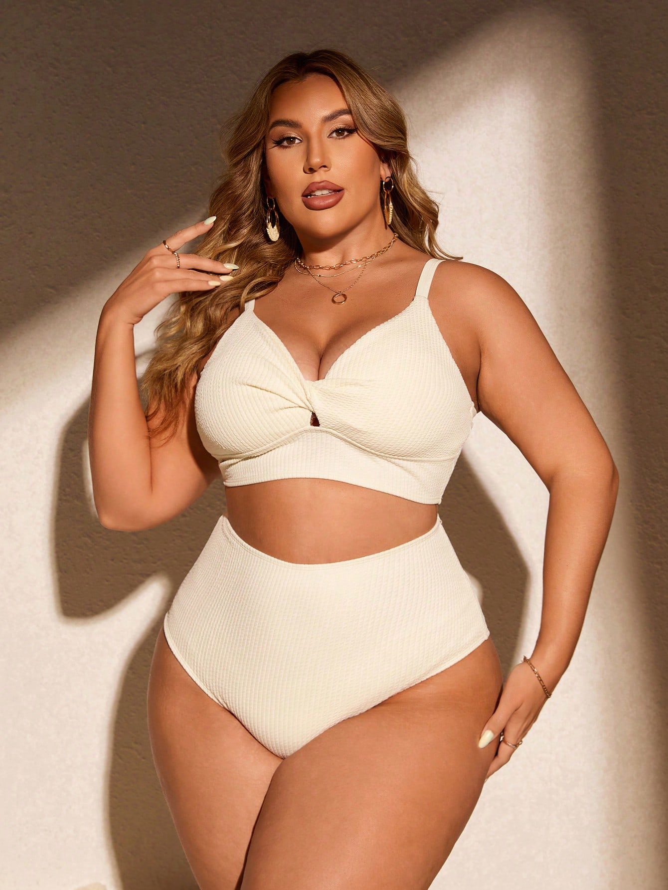 Women's Plus Size Swimsuits Two Piece Textured Twist Ruched Bathing Suit High Waisted Swimwear Sets