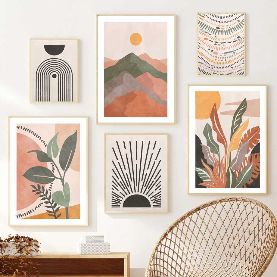 Boho Leaves Sun Moon Rainbow Landscape Wall Art Canvas Painting Nordic Posters And Prints Picture for Living Room Interior DecorM251114