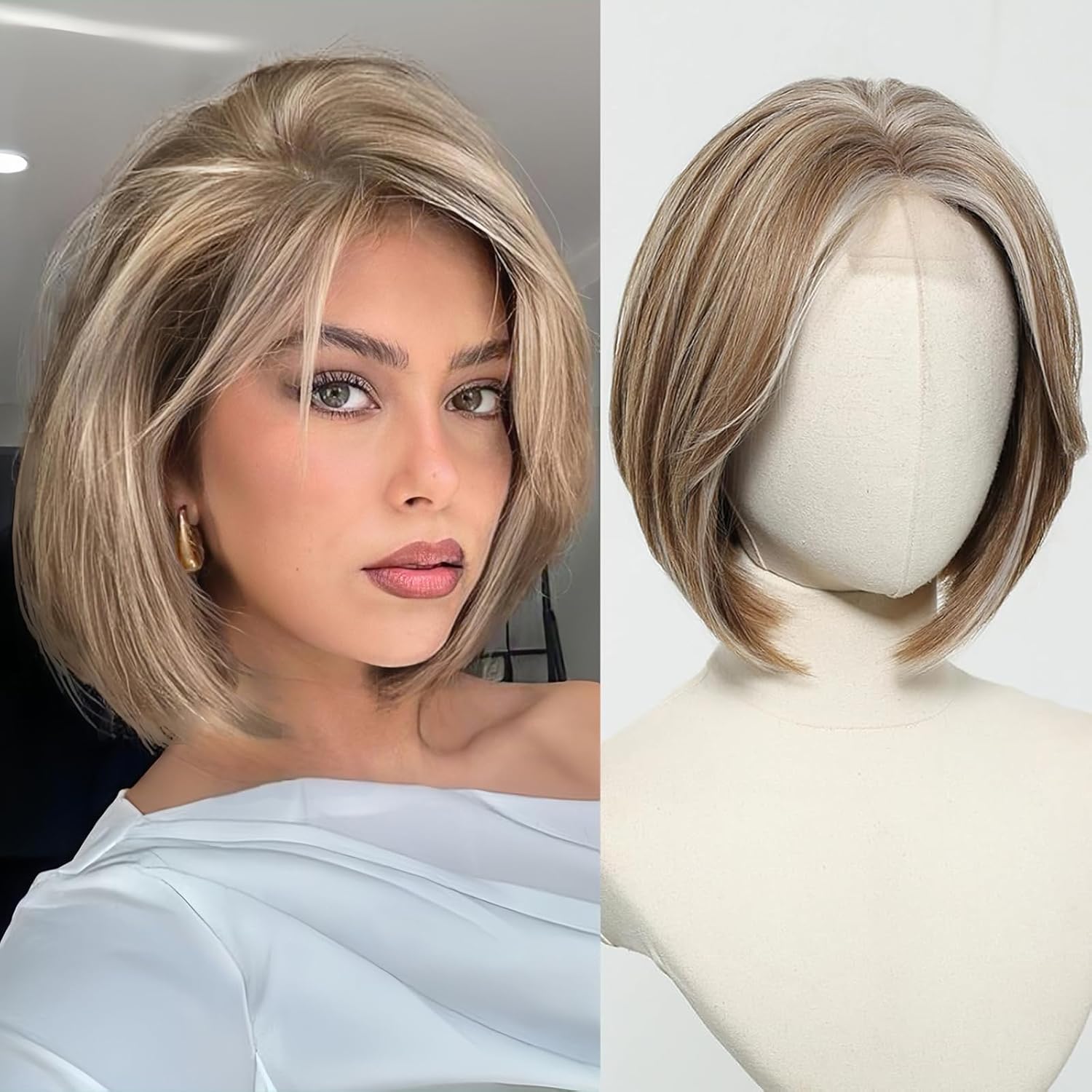 Blonde Highlights Bob Wigs for White Women Short Light Brown Wig Straight Lace Front Wig Natural Hairline Synthetic Heat Resistant Wig for Cosplay 12I