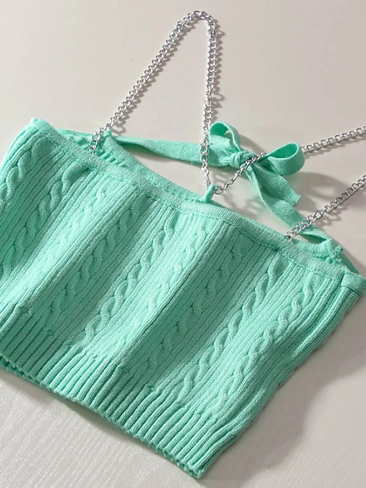 Heliar Womens Y2k Metal Chain Sexy Top Ribbed Knitted Crop Solid Camis Strap Sweet Cute 2024 Summer 250414Z