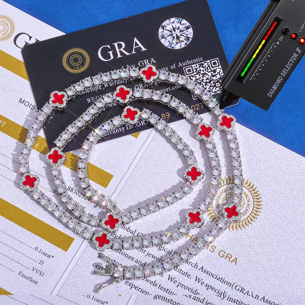 Factory Supply OEM ODM Wholesale Fine Jewelry 4mm 925 Sterling Silver Moissanite Clover Link Chain Necklace Men Hip Hop Necklace