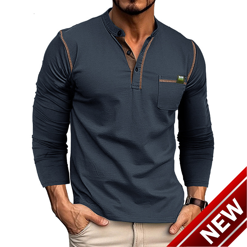 2023 Autumn and Winter Mens Wear Long Sleeve Mens T-shirt Mens Henry Shirt Colored T-shirt Mens