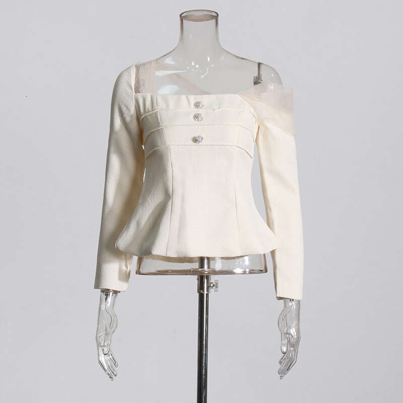 Designer Chic Ladies' Two-Piece Outfit - Modern Tailored Top + Delicate Lace Mesh A-Line Skirt