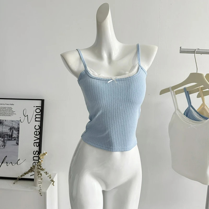 Womens summer casual vacation twopiece bow vest patch work contrast color lace knit sweet shoulder backless crop top 250414Z