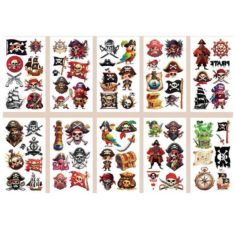 10 New Cartoon Pirates Temporary Tattoo Stickers Skeleton Pirates Tattoo Girls and Boys Birthday Party Supplies DiscountXJ25414