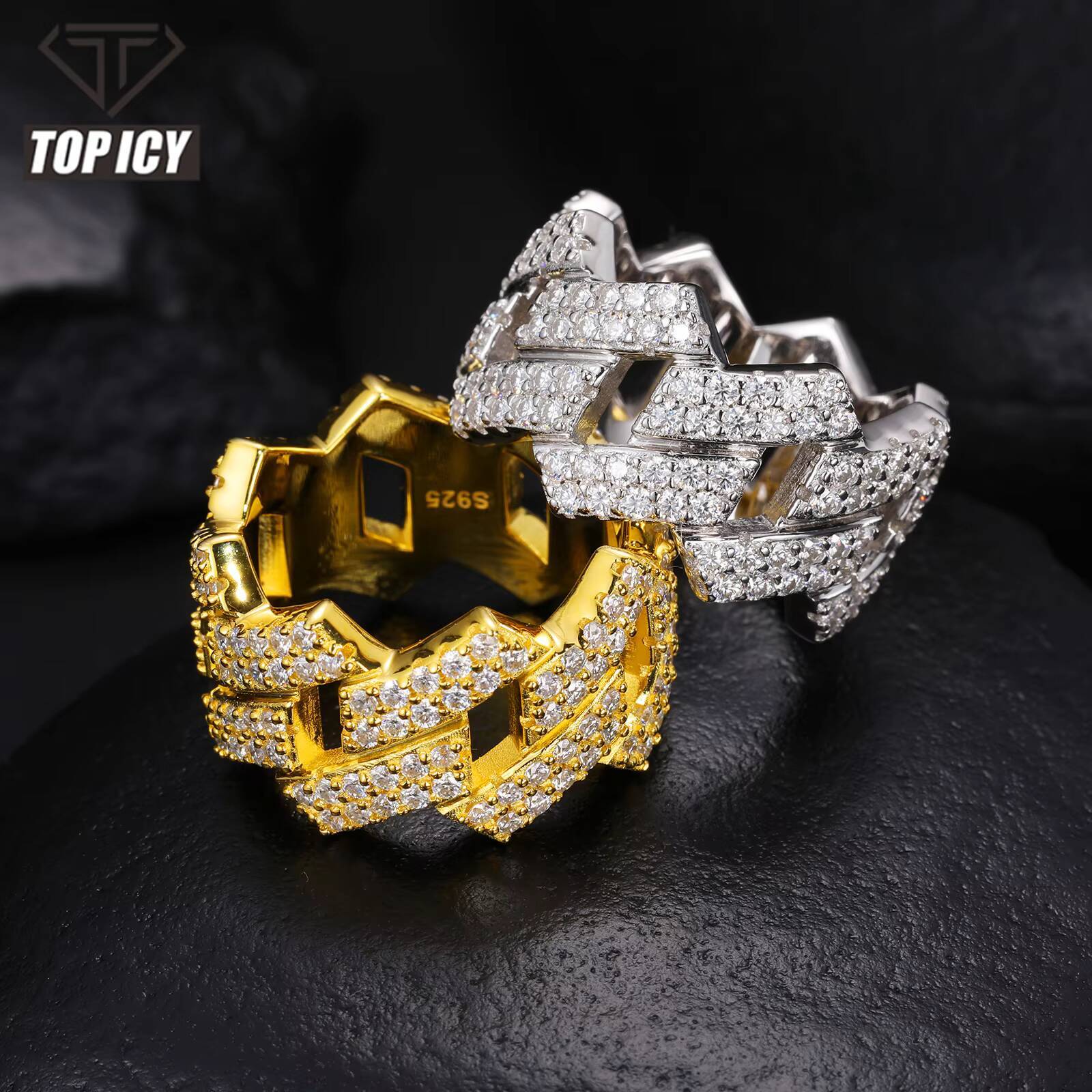 Pass Diamond Tester Punk Style Cuban Link Moissanite Ring 925 Sterling Silver Shiny Fashion Jewelry Rings Moissanite Ring Men
