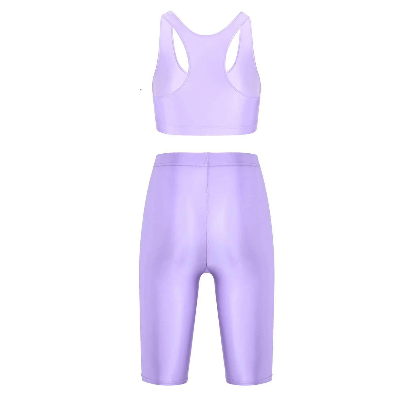 Womens Gymnastics Swimsuit Swimwear Two-piece Rave Outfit Sportwear Glossy U Neck Sleeveless Crop Tank Top High Waist ShortsW251113