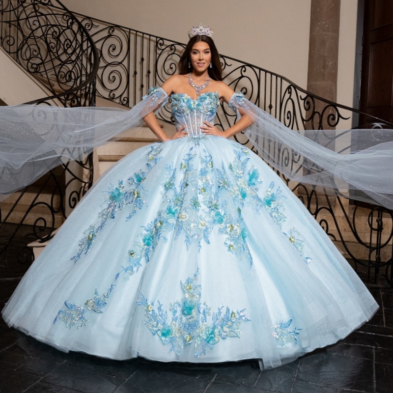 Sky Blue Quinceanera Dresses Off Shoulder Ball Gown Sweet 16 Dress Applique Lace Flower Beads Tull Corset Birthday Party Vestidos 15 Anos