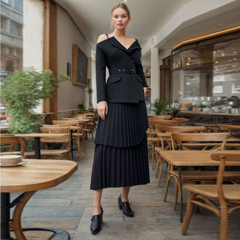 Designer Women's Elegant Minimalist Two-Piece Set with V-Neck Camisole and High-Waisted Pleated Skirt