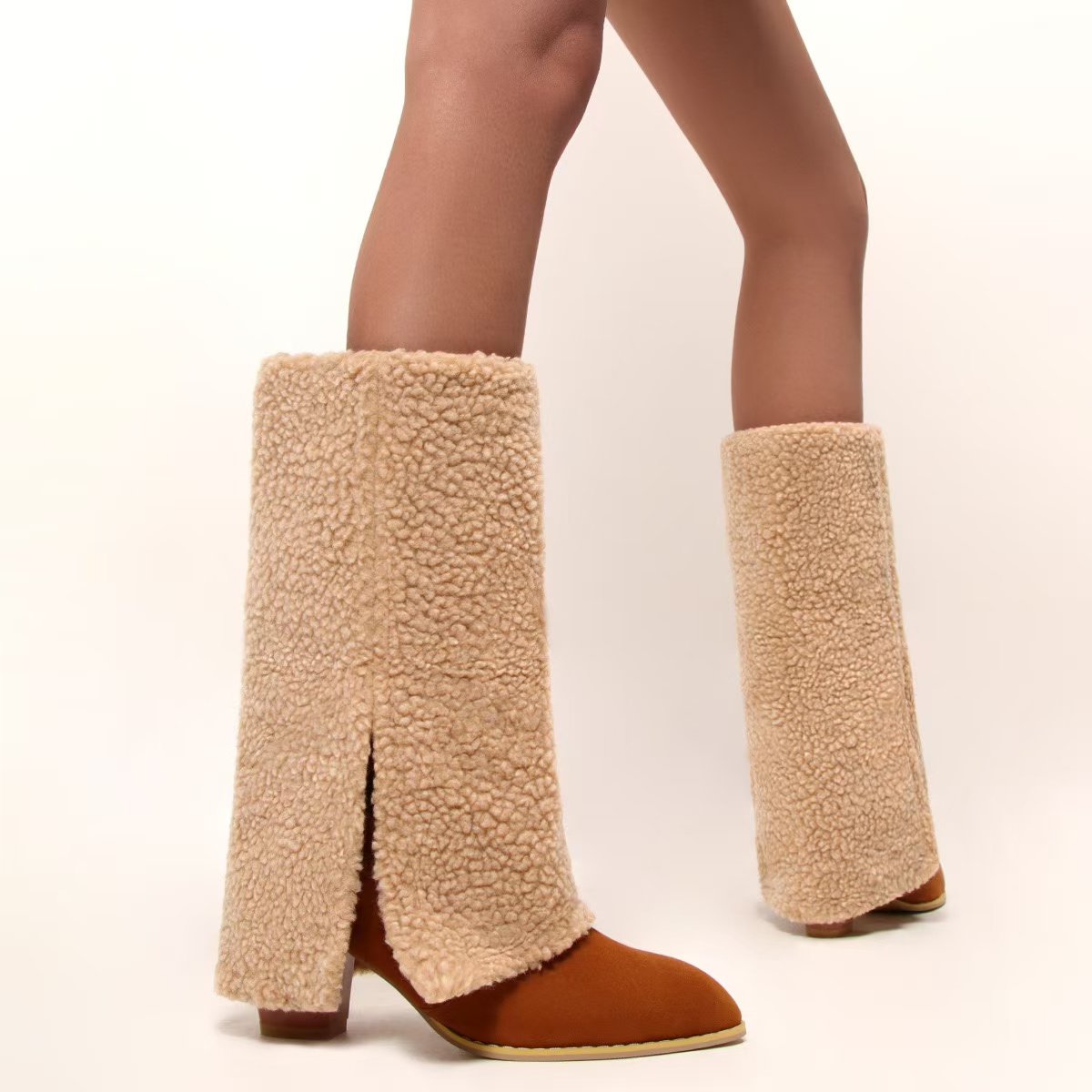Women Winter Furry Thigh-high Pants Female Fashion Wedge Heeled Pointy Knee-high New Boots 2024 0c9b