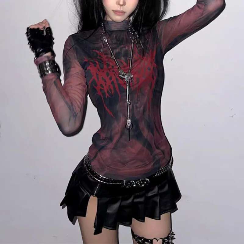 Grunge Aesthetics Print T-shirt Vintage Gothic Red Mesh Streetwear Women Top Y2k Long Sleeve Sheer Tops Punk