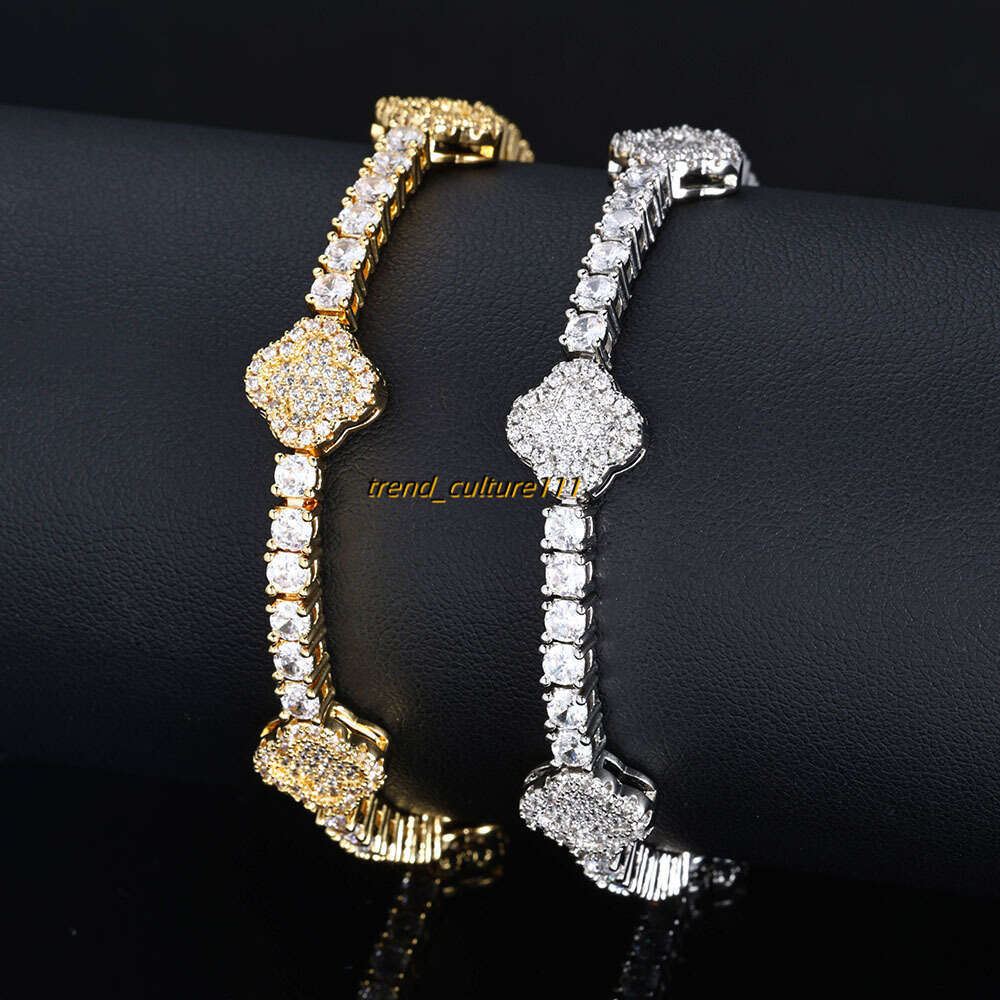 Hip hop spring buckle Moissanite tennis chain clover men's bracelet high-end accessories