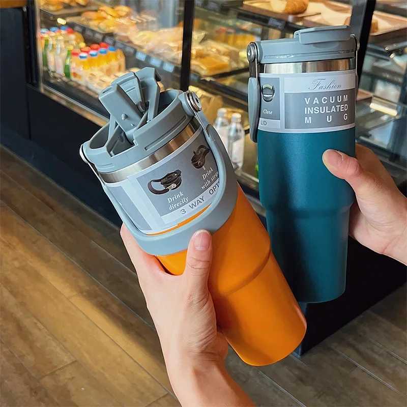 30oz Stainless Steel Straw Insulated Ice Cup Large Capacity Vacuum Flask Car Thermal Mug Tumbler Portable Insulated Coffee Cup C251114