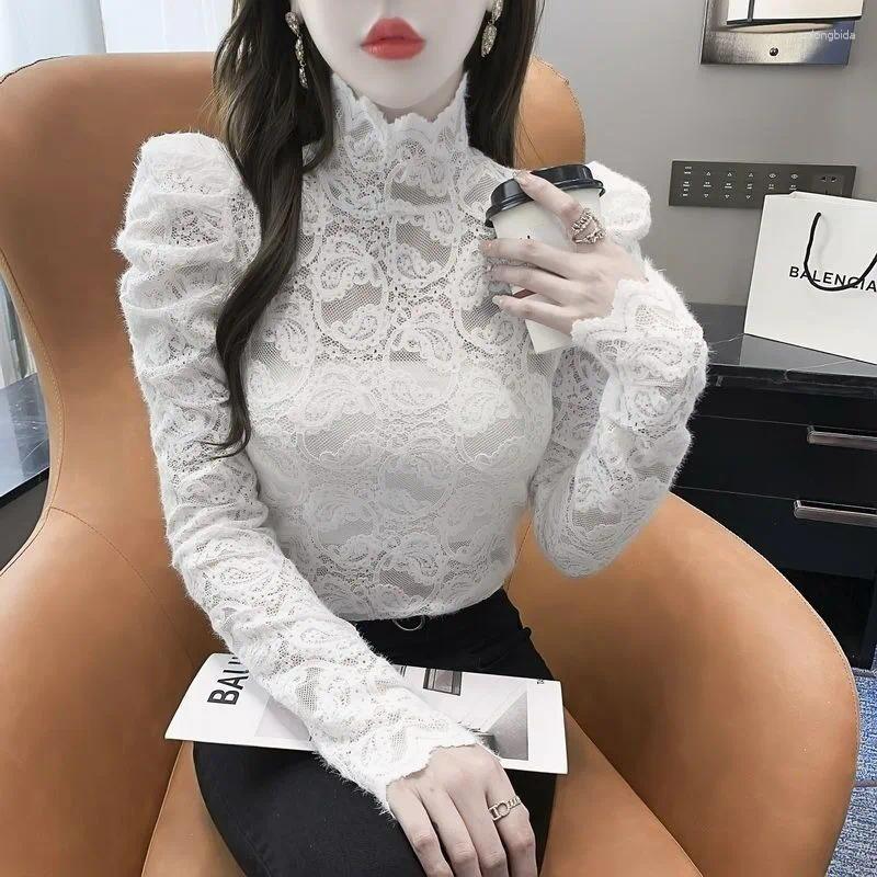 Women's Blouses 2025 Autumn Turtleneck Lace Blouse French Style Inner Wear Bubble Sleeves Temperament Long Sleeve Slim Fit Top