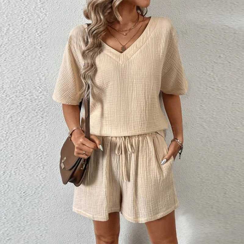 Slin 100% Cotton Ele Womens Set Sexy V-neck Short Sve T-shirt+Womens Wide Leg Shorts SetXJ250414