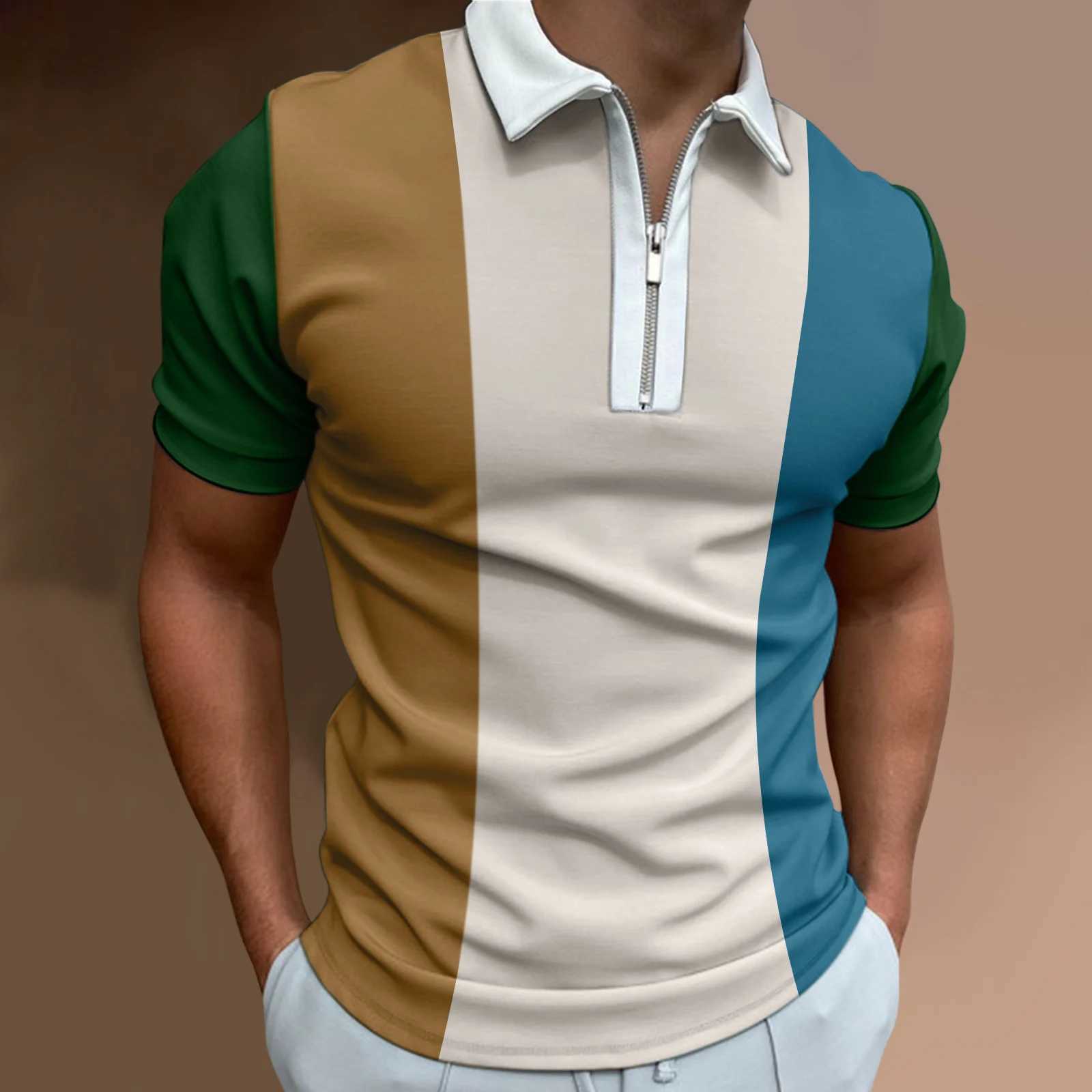 Mens solid color striped polo shirt short sleeved golf lapel zipper polo shirt and mens casual streetwear summer top W250414