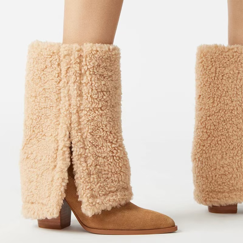 Women Winter Furry Thigh-high Pants Female Fashion Wedge Heeled Pointy Knee-high New Boots 2024 0c9b