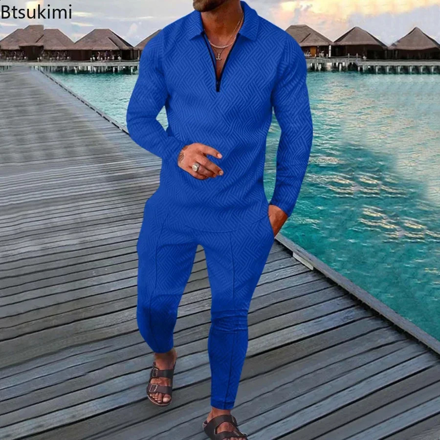 2025Spring Autumn Long Sleeve Polo ShirtSweatpants Suit Men V-neck Sweatshirt Men Streetwear Vintage Clothing Sets Tracksuits 250409