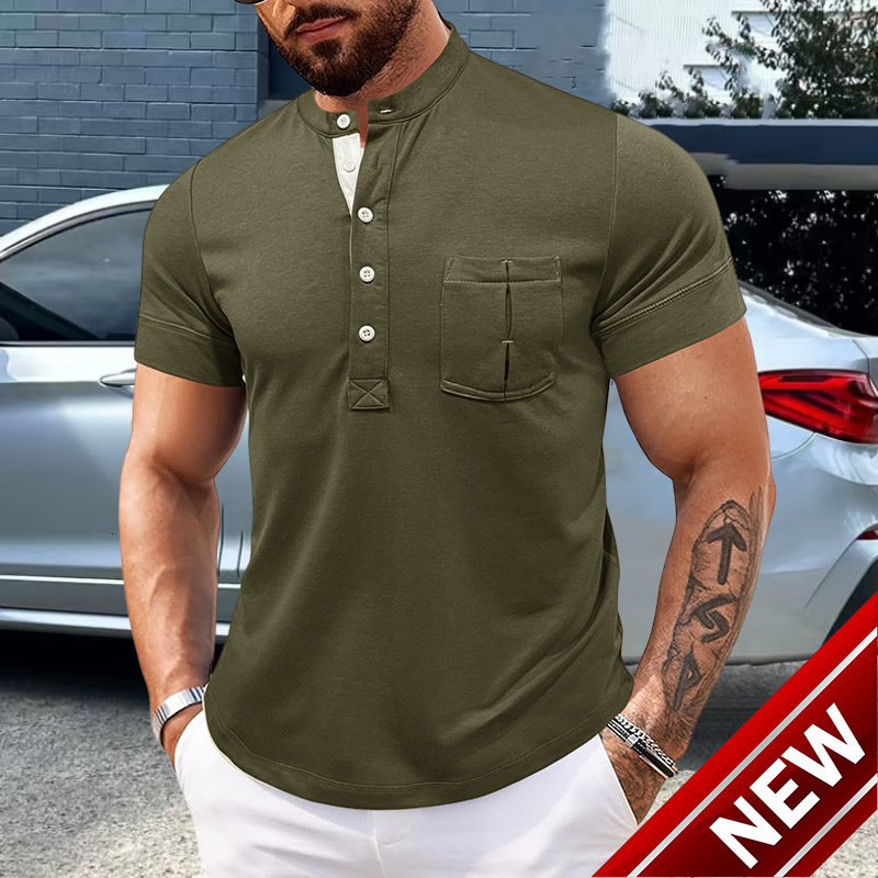 Mens short sleeved Henry shirt fitness tough guy mens T-shirt high-end cotton top summer